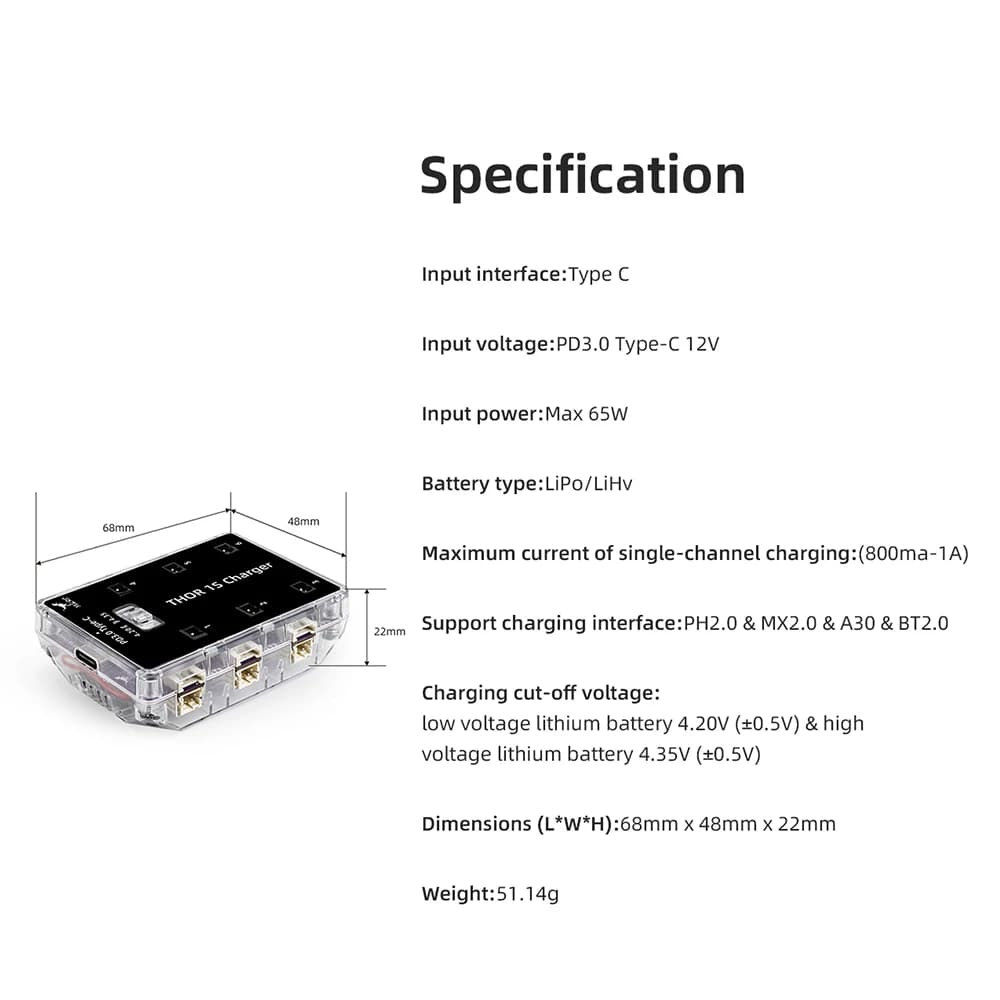 HGLRC Thor 1S Charger V2 6-way parallel charging board supports PH2.0 & MX2.0 & A30 & BT2.0 connector PD3.0 Type C 12V interface 3