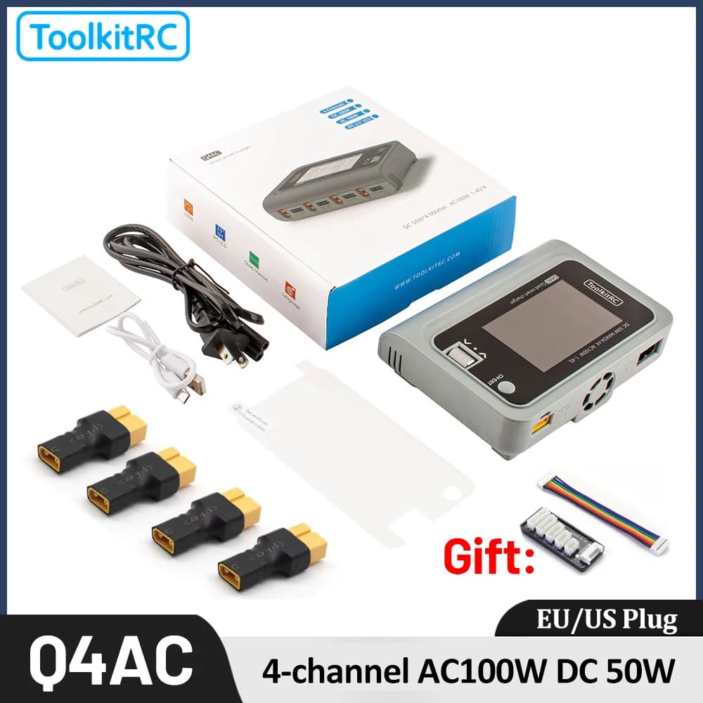ToolkitRC Q4AC Charger XT60 Adapters 4x50W 5A AC 100W 4 Port DC Smart Discharger AC DC IPS Bright with Clear Wide Angle Display - 1