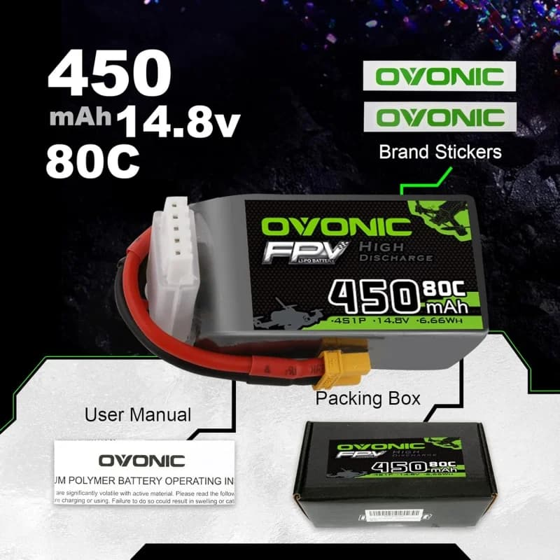 OVONIC 4S Lipo Battery 80C 450mAh 14.8V Lipo Battery with XT30 Connector for RC FPV Racing Drone Quadcopter(4 Packs) 6