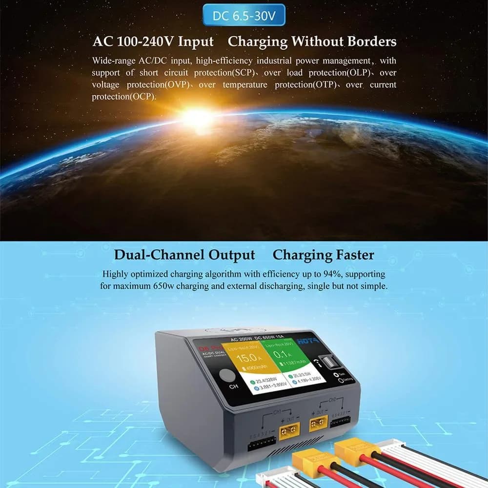 HOTA D6 Pro AC 200W DC 2X325W 2X15A Channel Smart Battery Charger Discharger Lipo Charger for Rc Drone Spare Parts-Grey/Black 5