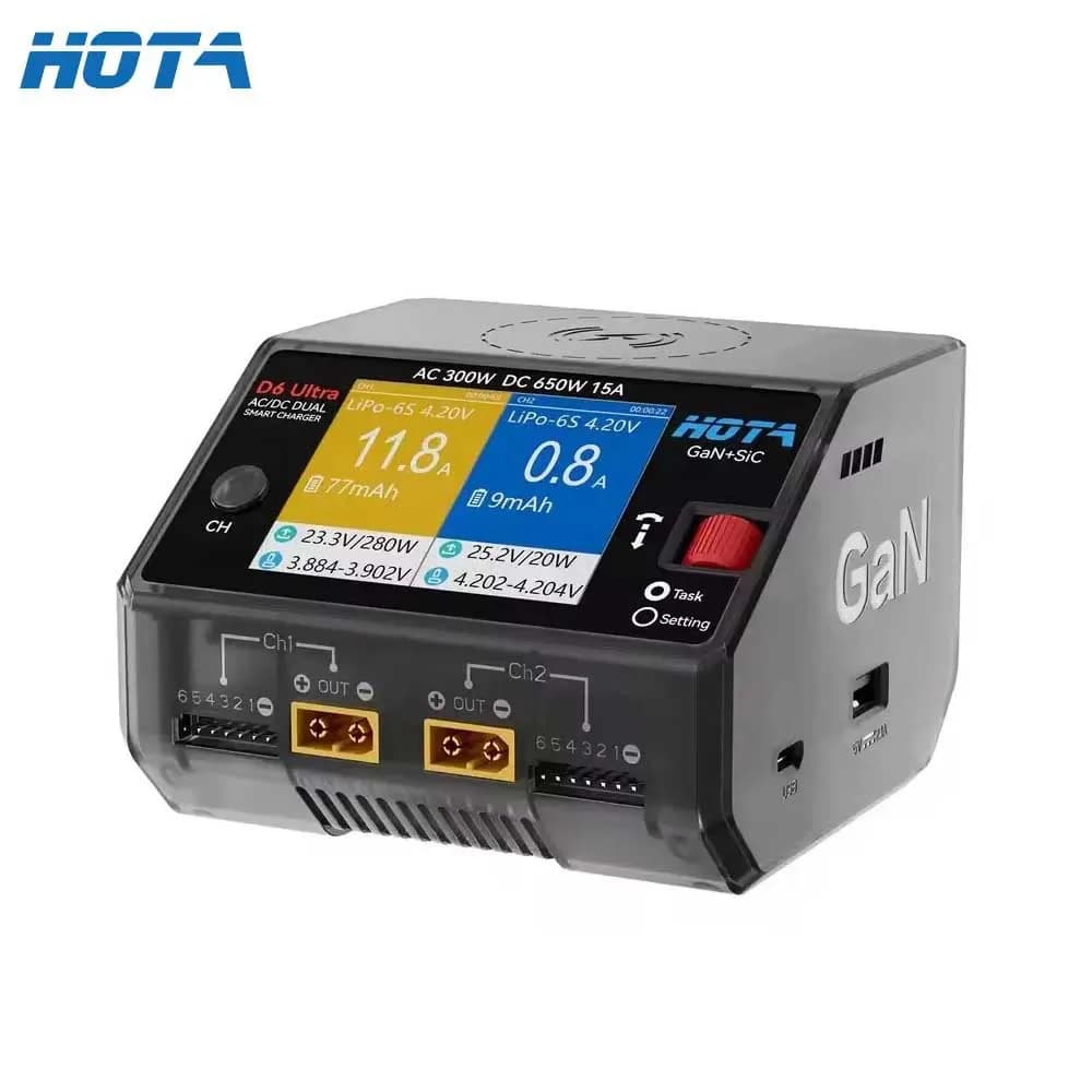 HOTA D6 Ultra AC 300W GaN+SiC DC 650W ‌Dual Channel Charger FPV Charging For 1-6S Lipo LiHV/NiZn/Nicd/NiMH Battery Drones XT60 - 1