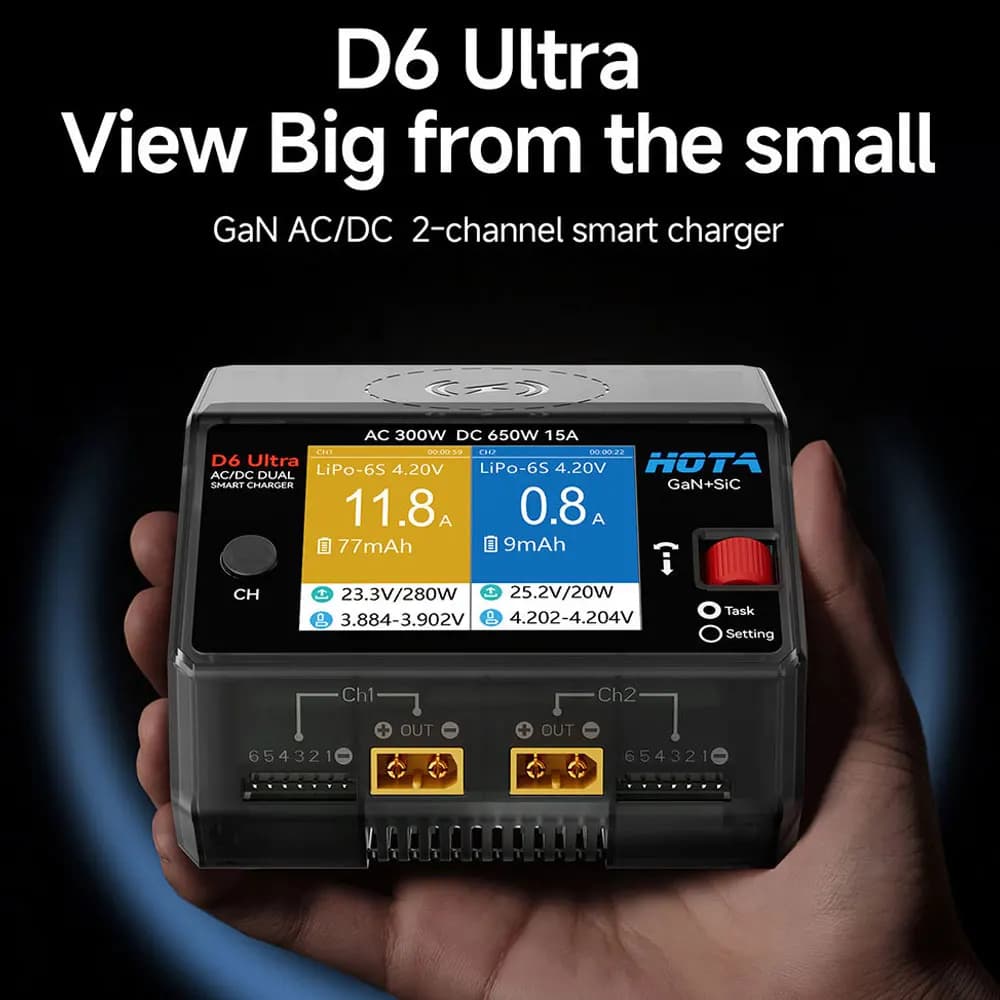 HOTA D6 Ultra AC 300W DC 650W Dual Channel Charger with GaN+SiC for 1-6S Lipo LiHV Li-ion NiMH Battery XT60