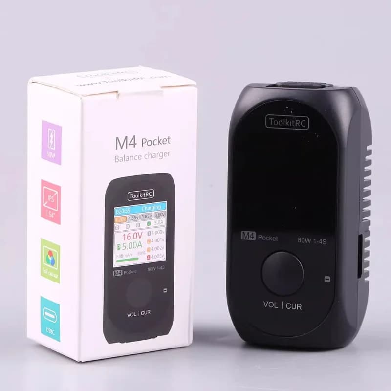 ToolkitRC M4Pocket 1-4S Lipo LiHV LiFe Lion Battery Charger 80W 5A Smart Balance Charger input USB-C XT30 XT60 Output
