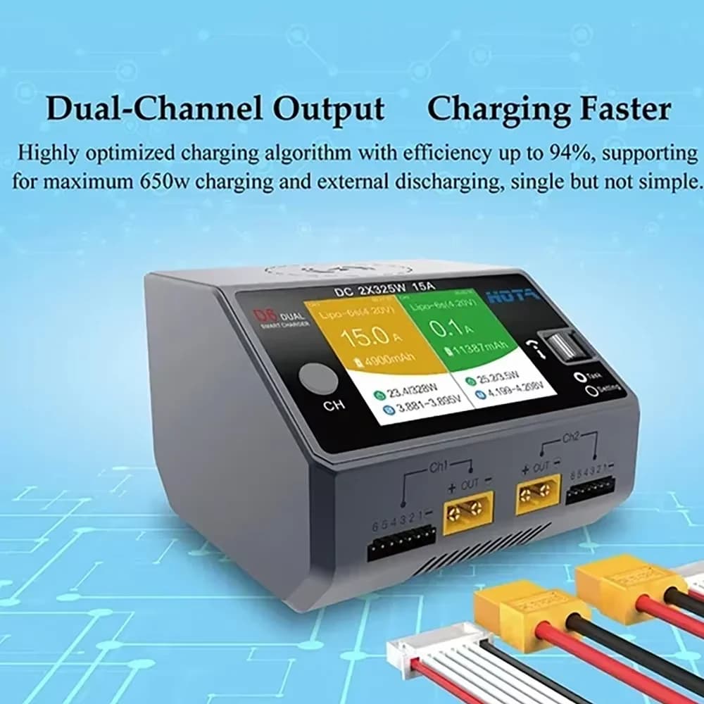 HOTA D6 Dual DC650W 15A 2 Channel Smart Charger for Lipo LiIon NiMH Battery Rc Drone Spare Parts with Wireless Charging