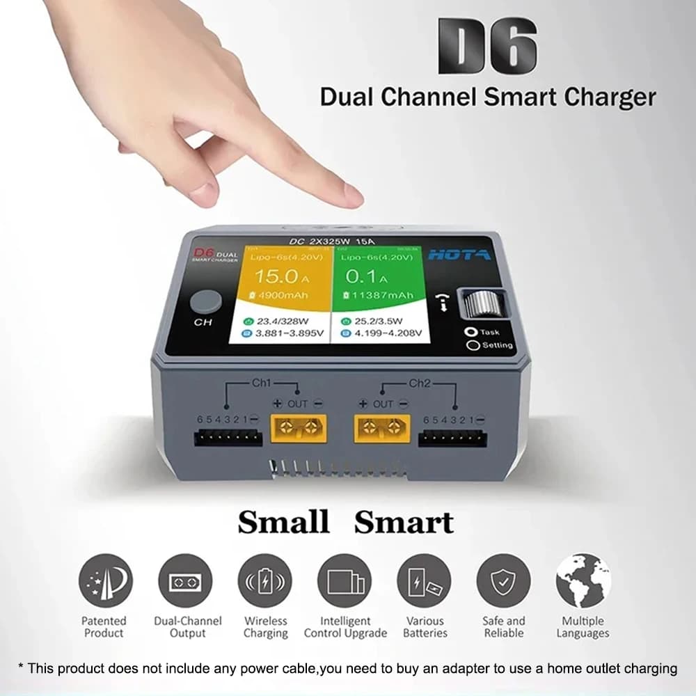 HOTA D6 Dual Smart Charger 15A DC650W with Built-in Micro USB Port for Lipo LiIon NiMH Batteries Compatible with iPhone Samsung