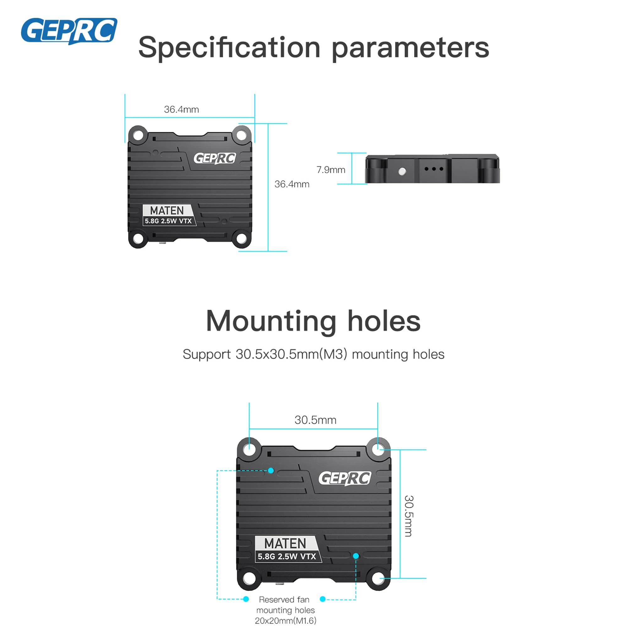 GEPRC MATEN 5.8G 2.5W 1.6W VTX 2500mW Transmitter Transmitting Module 7V-36V Built in Microphone for FPV Long Range Racing Drone