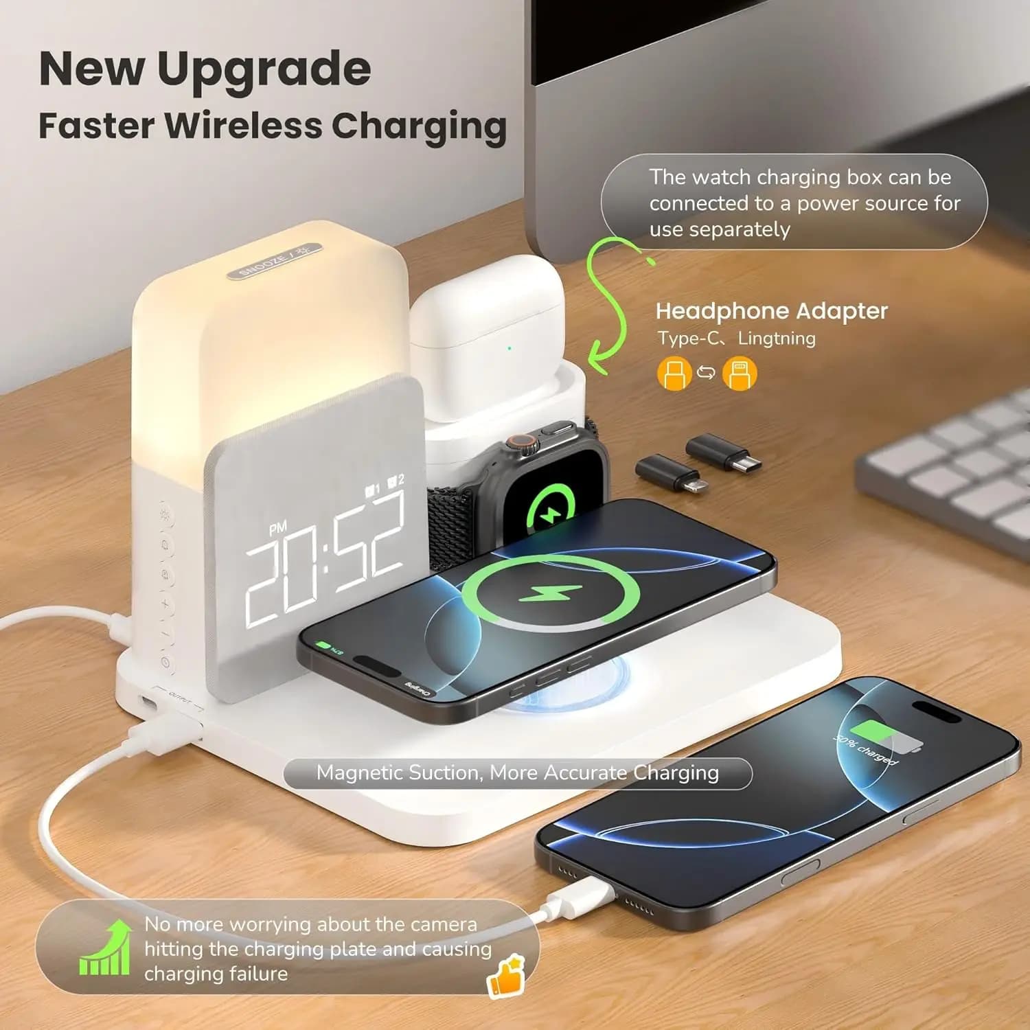 7-in-1 MagSafe Alarm Clock Charger-Wireless Station for iPhone 12-16/Samsung/Xiaomi/Huawei/Apple Watch/AirPods with Night Light - 1