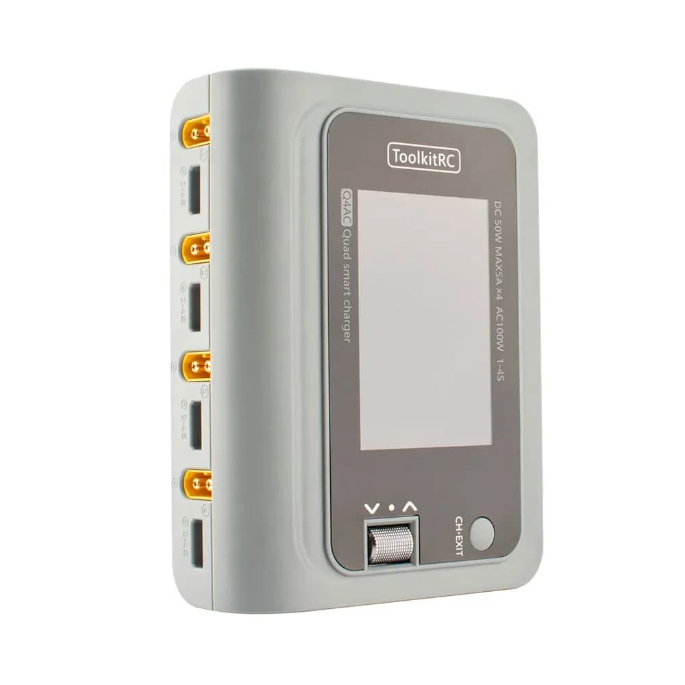 ToolkitRC Q4AC Charger XT60 Adapters 4x50W 5A AC 100W 4 Port DC Smart Discharger AC DC IPS Bright with Clear Wide Angle Display 5
