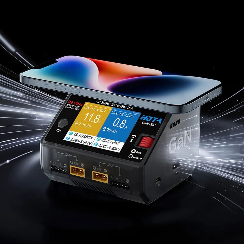 HOTA D6 Ultra AC 300W GaN+SiC DC 650W ‌Dual Channel Charger FPV Charging For 1-6S Lipo LiHV/NiZn/Nicd/NiMH Battery Drones XT60 3