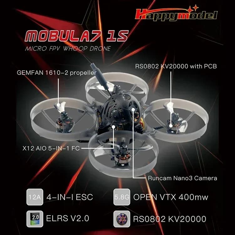 Happymodel Mobula7 Mobula 7 1S Micro FPV BWhoop Drone 5IN1 AIO Flight Controller Built-in 2.4G ELRS V2.0 RX Nano3 1/3 CMOS 5