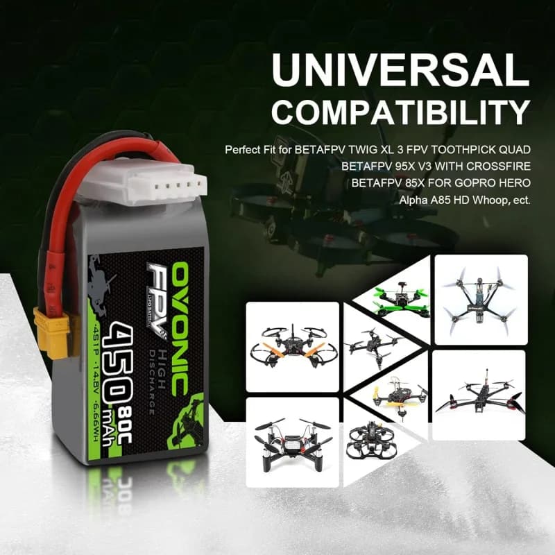 OVONIC 4S Lipo Battery 80C 450mAh 14.8V Lipo Battery with XT30 Connector for RC FPV Racing Drone Quadcopter(4 Packs) 3