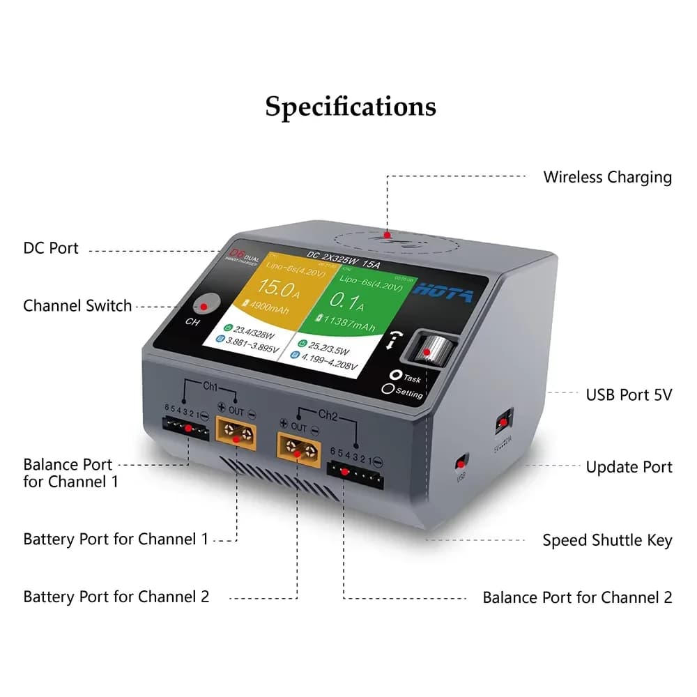 HOTA D6 Dual Smart Charger DC650W 15A Built-in Micro USB for 1-6S Lipo LiHV/NiZn/Nicd/NiMH Battery 6