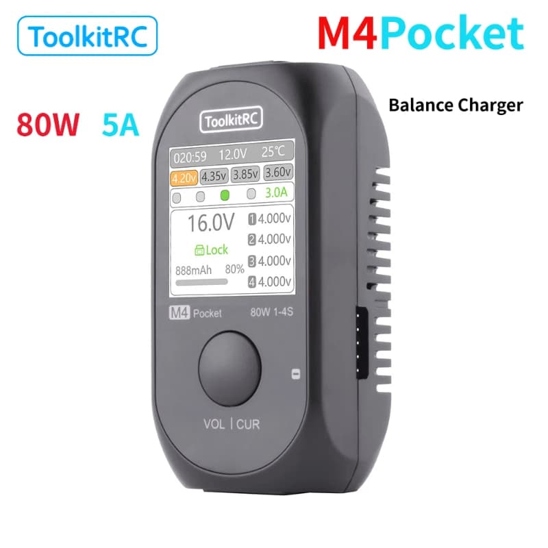 ToolkitRC M4Pocket 1-4S Lipo LiHV LiFe Lion Battery Charger 80W 5A Smart Balance Charger input USB-C XT30 XT60 Output - 1
