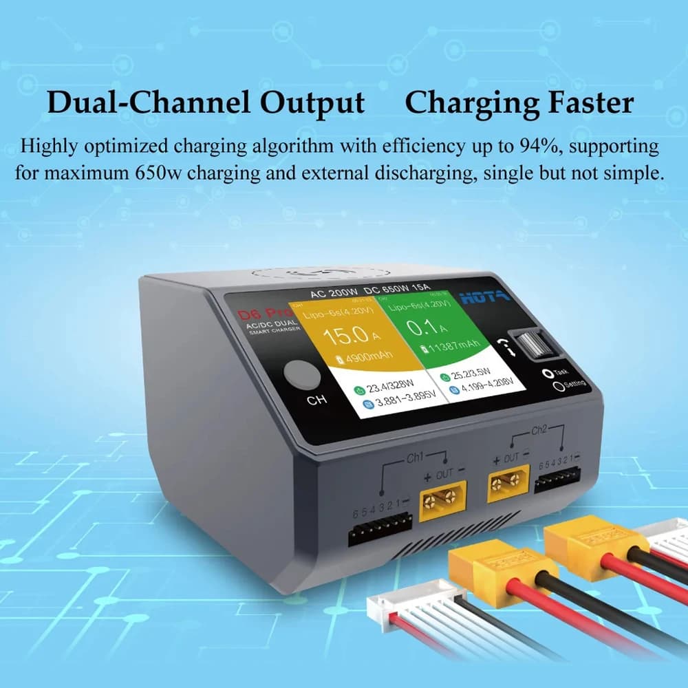 HOTA D6 Pro Smart Charger Dual Channel AC200W DC650W 15A, Supports LiPo/NiMH/NiCd/NiZn & Phone Charging for FPV Drone 4