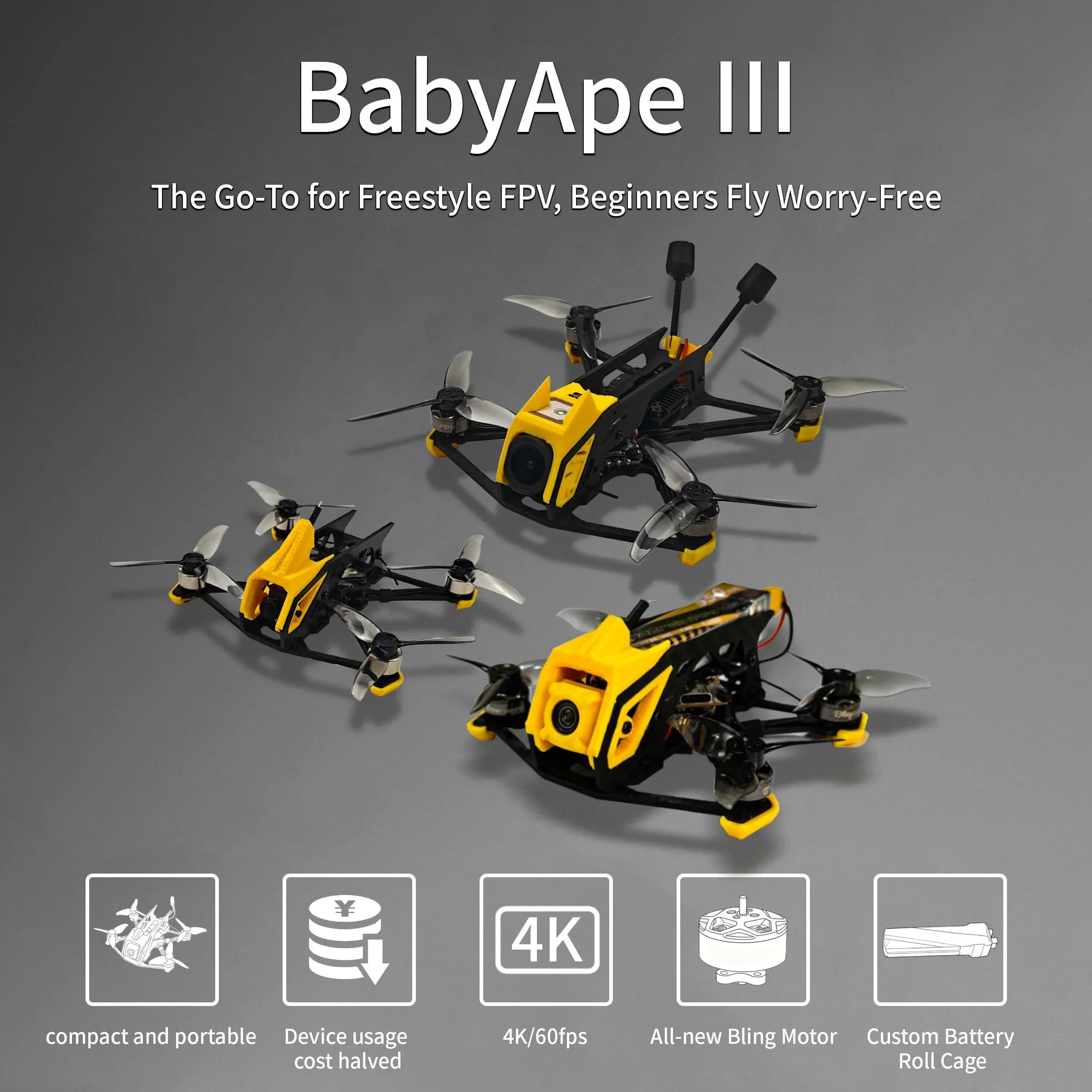 DarwinFPV BabyApe Ⅲ Mini 2 Inch ELRS 2.4G Freestyle FPV Brushless Drone for Analog VTX, Walksnail Avatar VTX, DJI O4 Air Unit