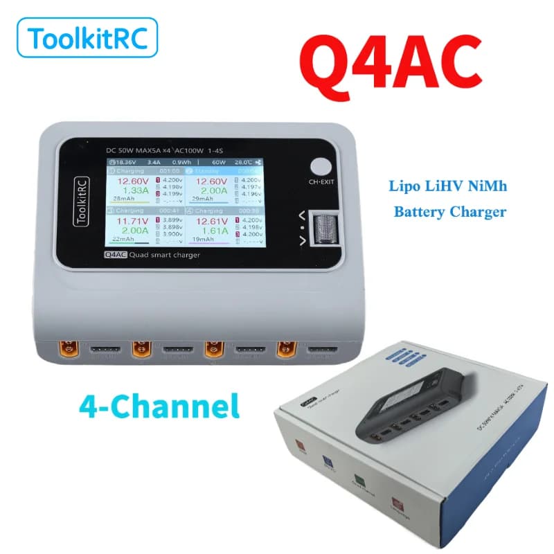 ToolkitRC Q4AC 3S Lipo Battery Charger for RC Car with XT60 XT30 Adapters 4-Port DC Smart Discharger 4x50W 5A AC 100W - 1