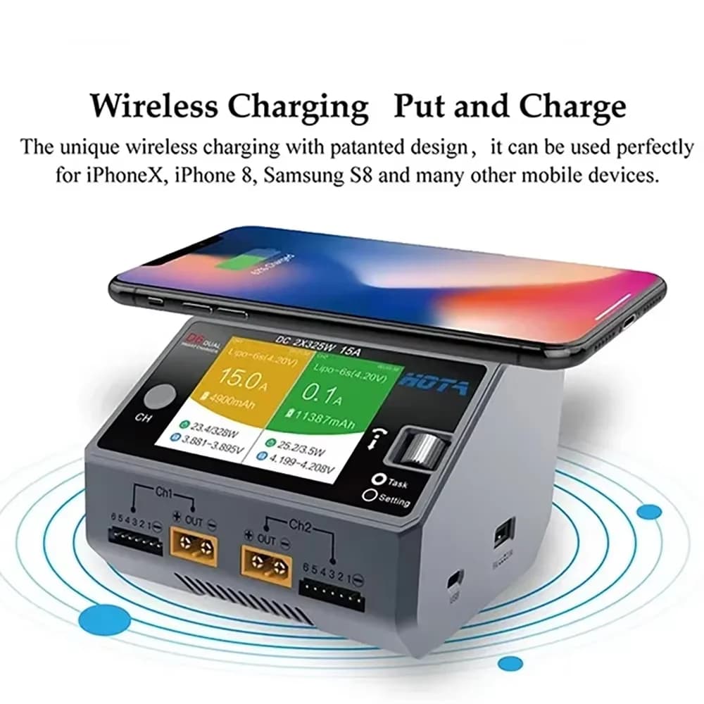 HOTA D6 Dual DC650W 15A 2 Channel Smart Charger for Lipo LiIon NiMH Battery Rc Drone Spare Parts with Wireless Charging 4