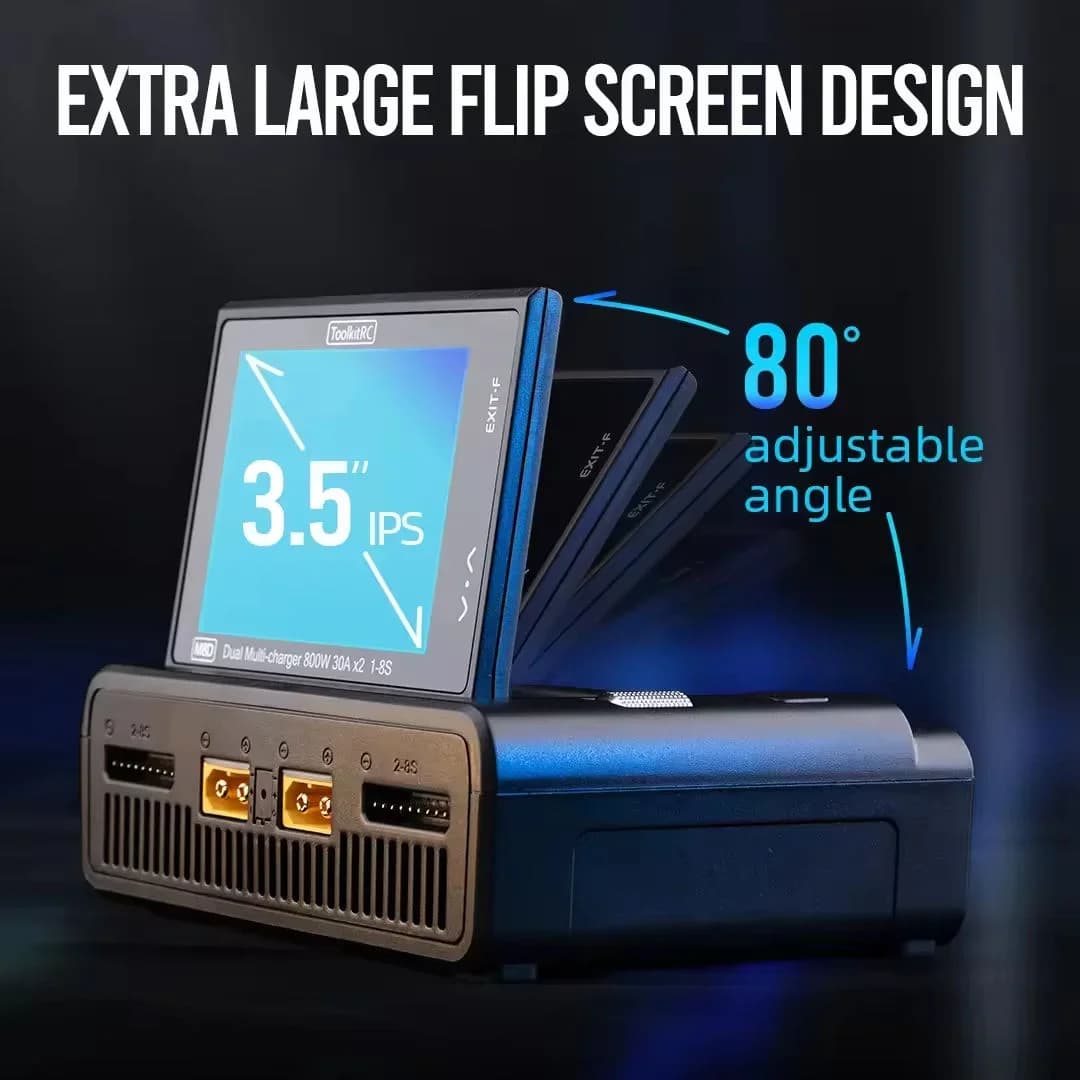 1600W 50A 1-8S LiPo Charger Dual Channel, ToolkitRC M8D Touchscreen 3.5" Flip Screen 65W PD, for RC LiHV LiFe Battery Model 4