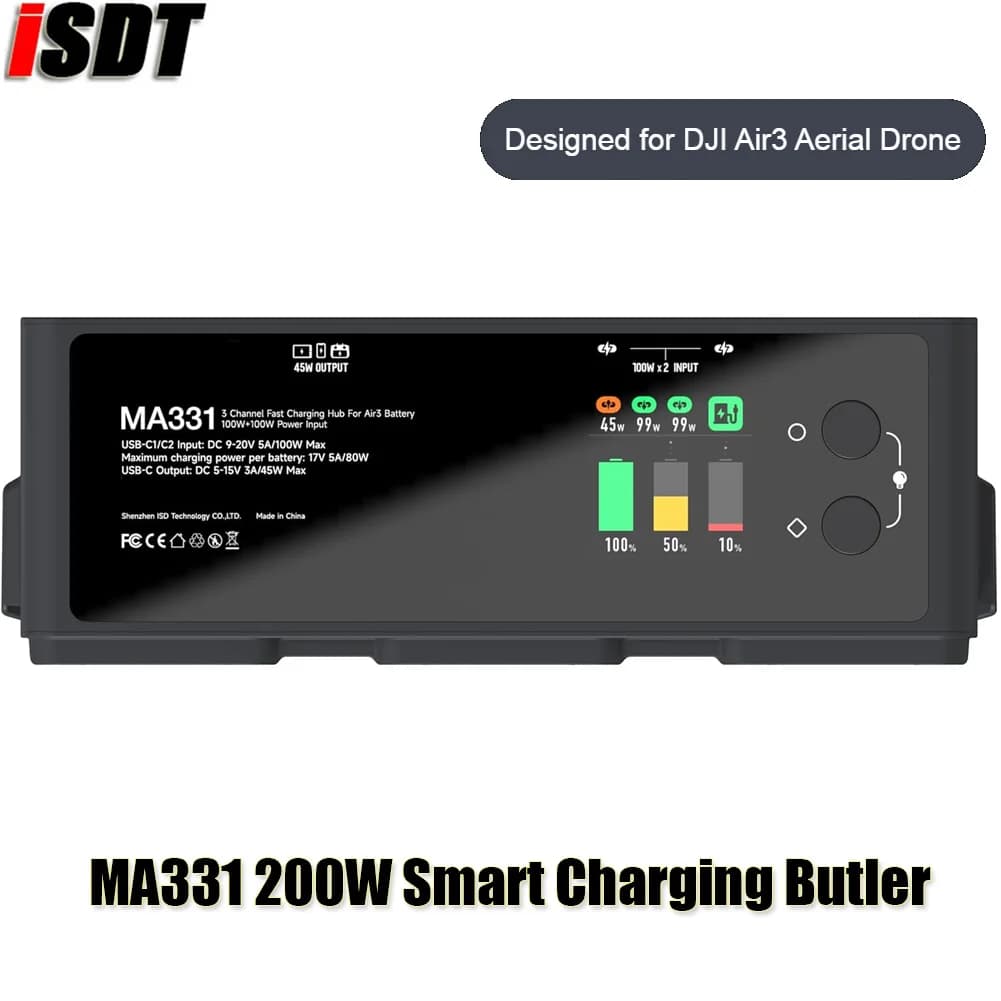 ISDT MA331 200W (Dual 100W) Smart Battery Fast Charging Butler USB Type-C Plug OTA Upgrades for DJI Air3 Aerial FPV Drone