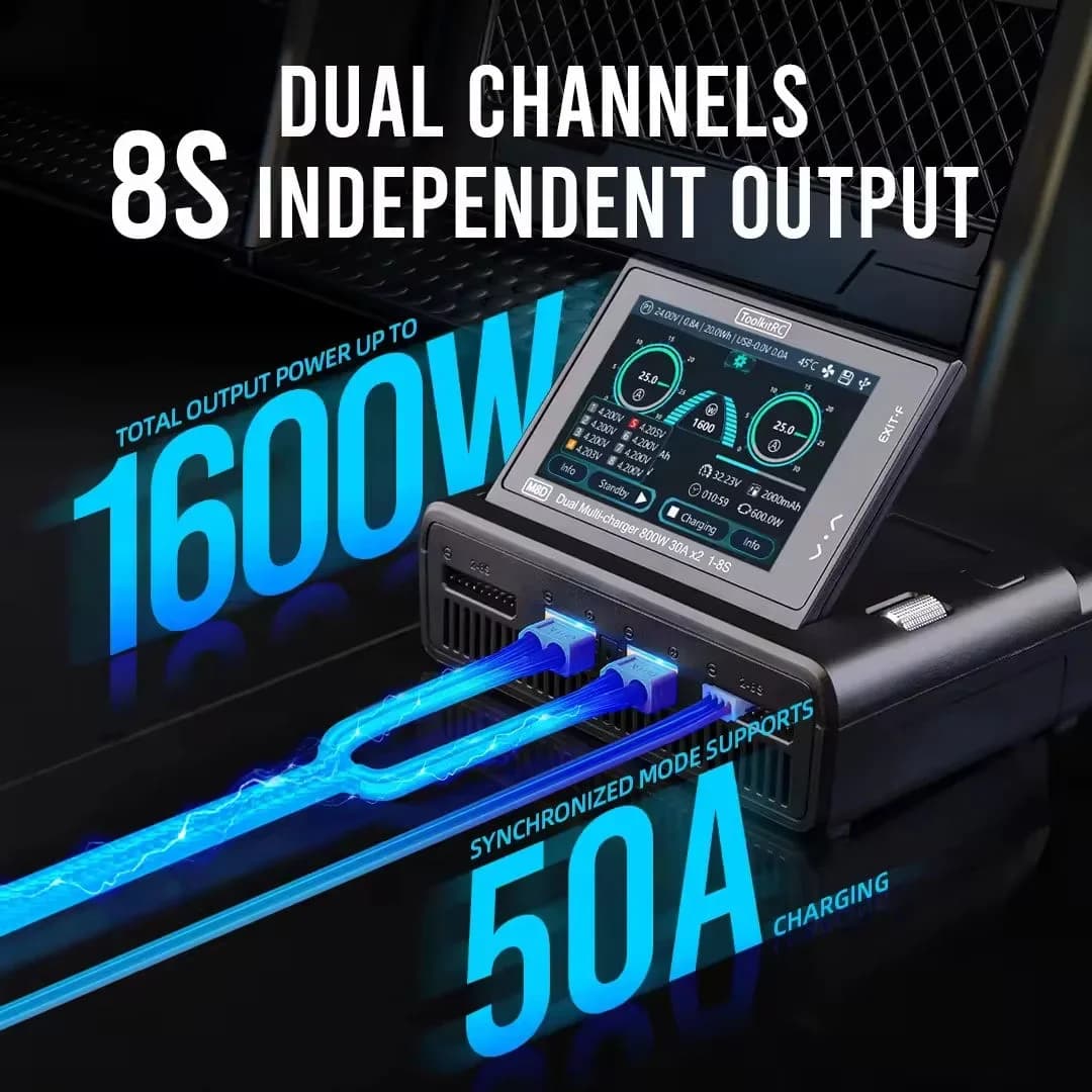 1600W 50A 1-8S LiPo Charger Dual Channel, ToolkitRC M8D Touchscreen 3.5" Flip Screen 65W PD, for RC LiHV LiFe Battery Model 5
