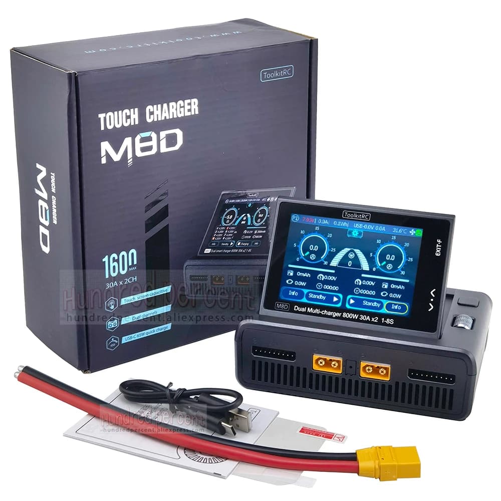 ToolkitRC M8D Smart Charger 2CH Touch Screen Dual Channel DC800W*2 30A 1-8S Lithium Battery Fast Charge RC Model Car FPV