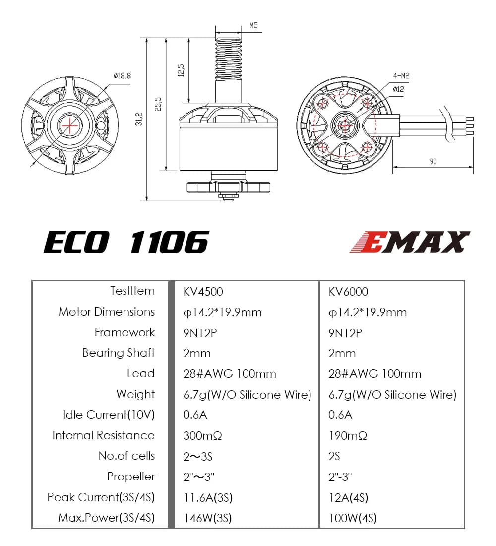 1 / 4PCS EMAX ECO 1106 2~3S 4500KV 6000KV CW Brushless Motor For FPV Racing RC Drone 6