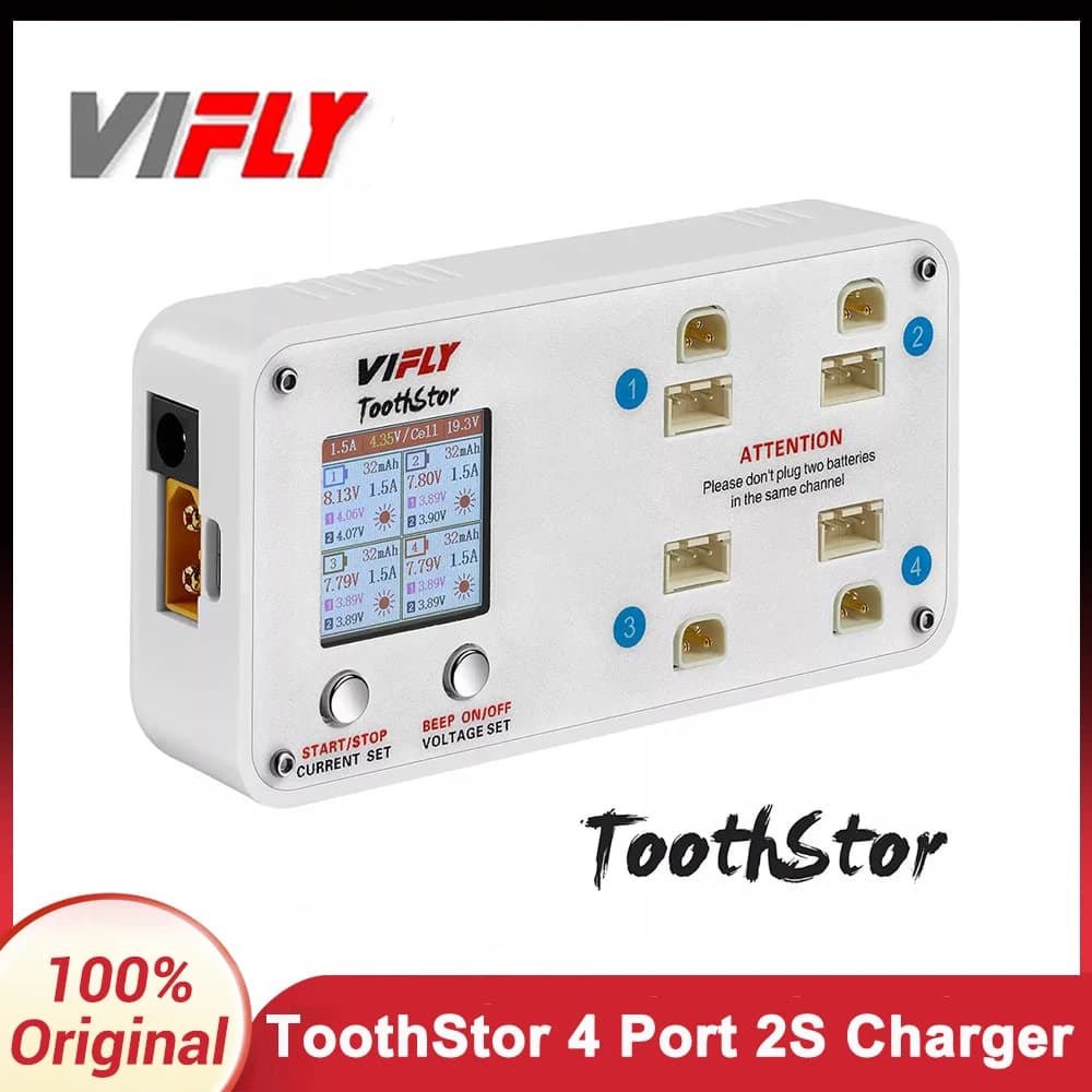 VIFLY ToothStor - 4 Port 2S Balance Charger with Storage Mode Supports BT 3.0 and XH2.54 For RC FPV Freestyle Racing Drone - 1