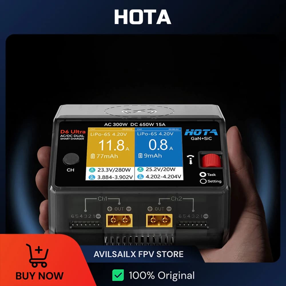 HOTA D6 Ultra AC 300W DC 650W Dual Channel Charger with GaN+SiC for 1-6S Lipo LiHV Li-ion NiMH Battery XT60 - 1