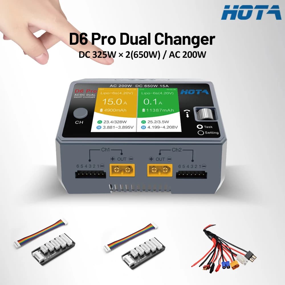 HOTA D6 Pro AC 200W DC 2X325W 2X15A Channel Smart Battery Charger Discharger Lipo Charger for Rc Drone Spare Parts-Grey/Black - 1