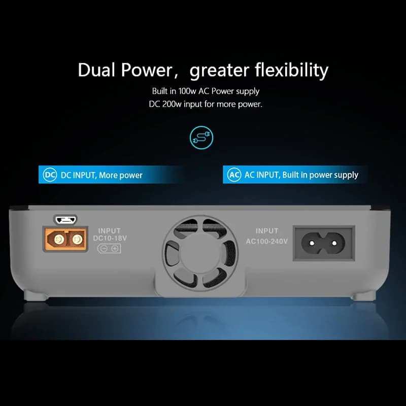 ToolkitRC Q4AC Charger XT60 Adapters 4x50W 5A AC 100W 4 Port DC Smart Discharger AC DC IPS Bright with Clear Wide Angle Display
