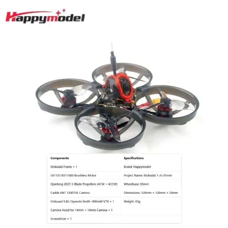 HappyModel Mobula8 1-2S 85mm Micro Whoop Drone X12 AIO FC Flight Controller 400mW OPENVTX Caddx Ant 1200TVL EX1103 KV11000 - 1