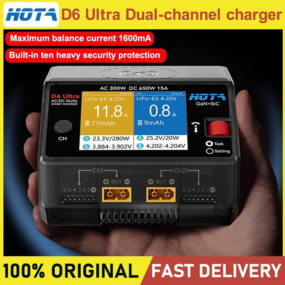 HOTA D6 Ultra Dual-Channel Charger AC 300W/DC 650W (GaN+SiC) for 1-6S LiPo/LiHV/NiZn/NiCd/NiMH (XT60) FPV - 1