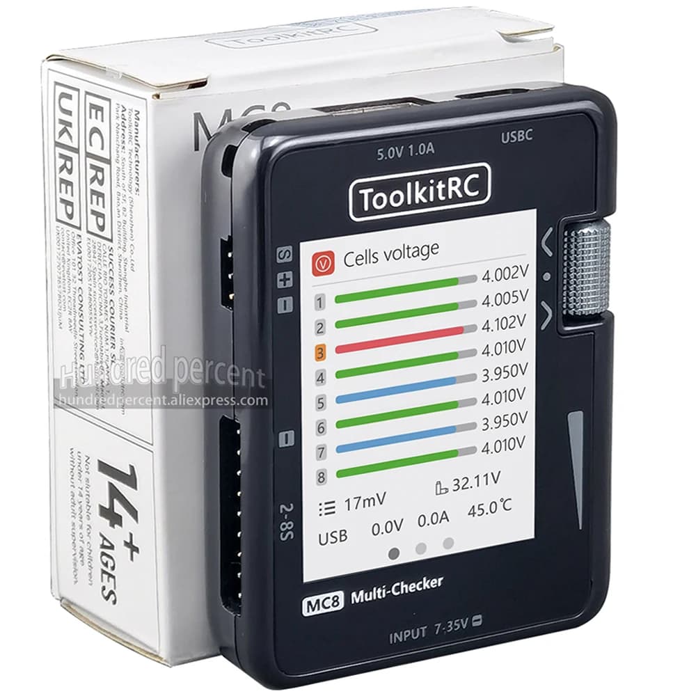 ToolkitRC MC8 Mini Size Cell checker 32 Bit 2-8S Battery Multi-Checker PWM Output PPM SBUS Readout With USB-C Fast Charging - 1